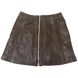 Brown Leather Mini Skirt with Front Zip